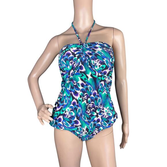 Converse One Star Women Blue Green Feather Print Halter Tankini Swimsuit Top XL - Picture 1 of 11